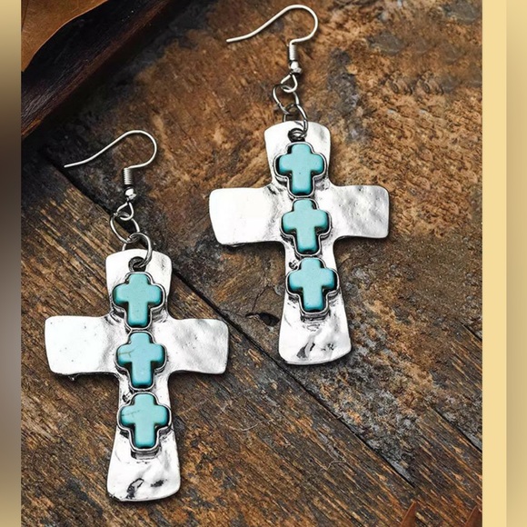 Vintage Turquoise Cross Earrings - Picture 1 of 3